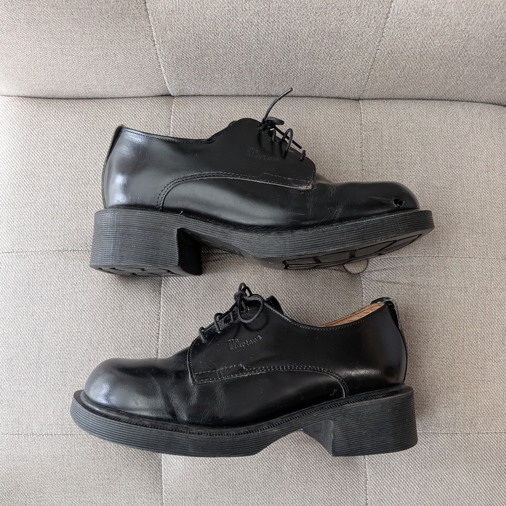 DR MARTENS Black Leather MIE Oxford Block Heels Loafers Chunky Dress Shoes 8